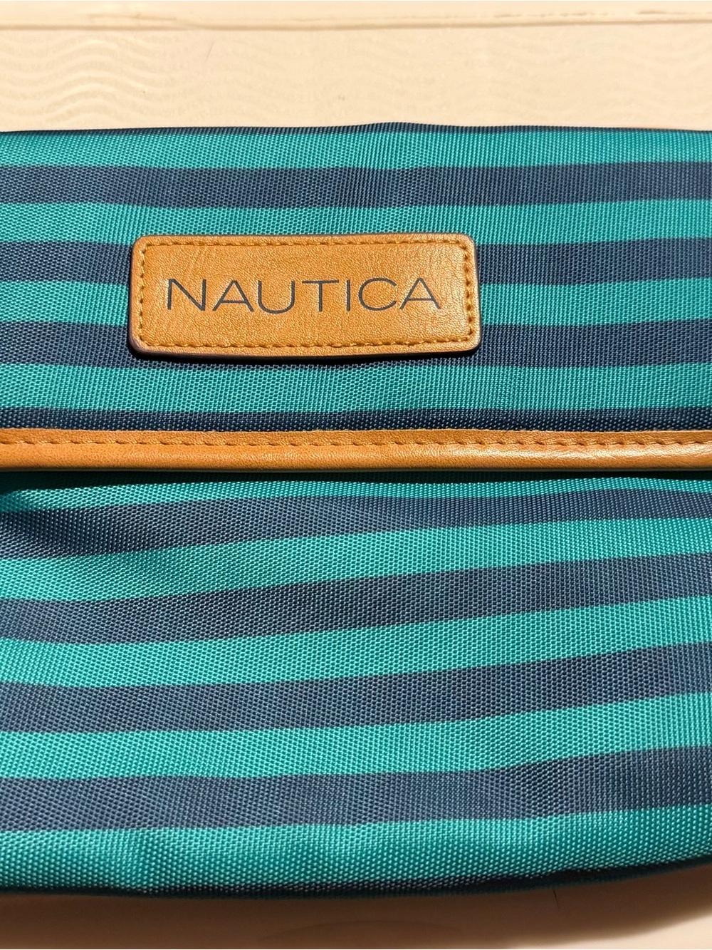 Nautica Teal and Navy Striped Cosmetic Pouch with Tan Trim